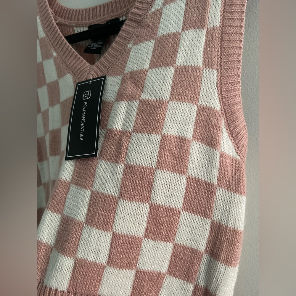 Just Polly Pink & White Checkered Knit Sweater Vest | Size Small - Picture 2 of 4
